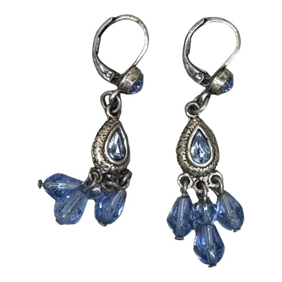 Vintage Silver Dangle Earrings Blue Topaz and Crystal Beads & Leverback Closure - Picture 3 of 4